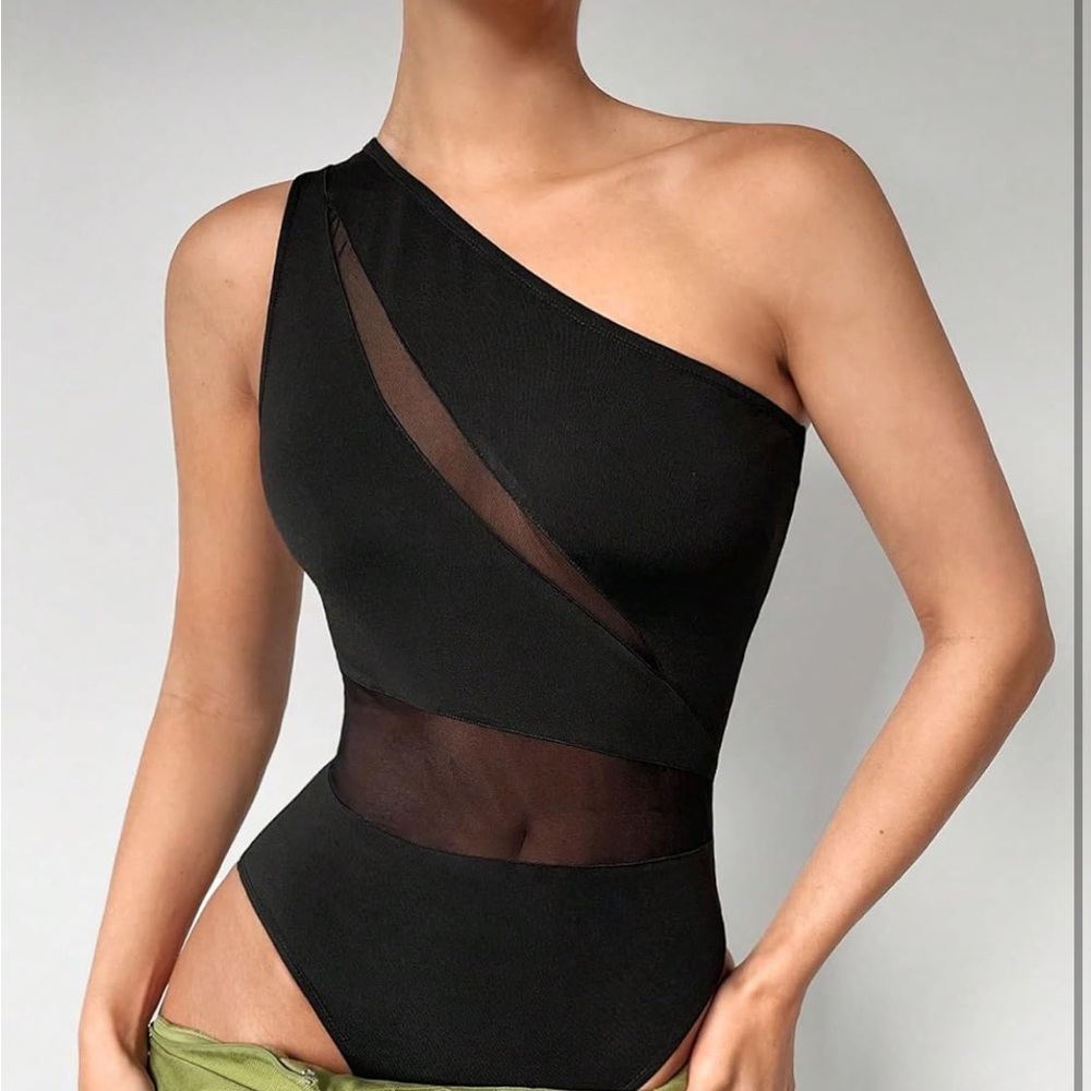 NWOT Contrast Mesh Bodysuits One Shoulder Cut Out